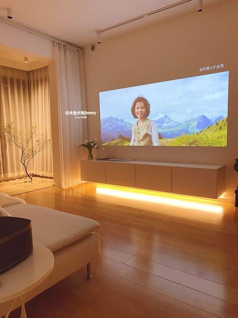 Small Living Room Minimal, Living Room Projector Ideas, Living Room Projector Wall, Projector In Living Room, California Bedroom, Minimalist Living Room Apartment, Decorating Ideas Christmas, Mini Projector, Home Decor Idea