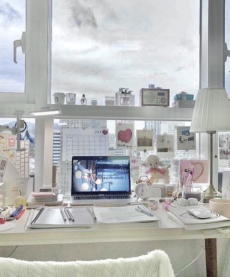 #bedroom #aesthetic #room #roomideas #roomdecor #whiteaesthetic #korean #koreanaesthetic #desk #studydesk Aesthetic Study Desk Window, Desk Against Window Aesthetic, Korean Desk Ideas, Bedroom Windows Aesthetic, Glass Table Aesthetic, Desk Facing Window Aesthetic, Dream Desk Aesthetic, Desk Ideas Aesthetic Korean, Desk Window Aesthetic