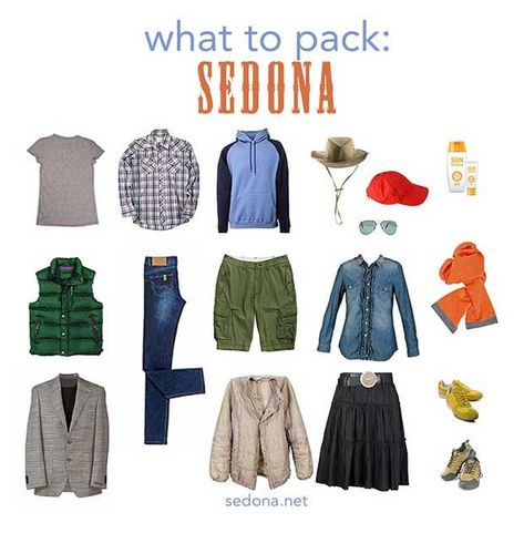 Sedona Weather | What to Pack for Your Sedona Vacation | - Sedona.net Arizona Weekend Packing List, What To Pack For Sedona Arizona, Sedona Arizona Outfits Winter, Sedona Outfit Winter, Sedona Arizona Outfits, Sedona Honeymoon, Sedona Outfits, Arizona Packing List, Sedona Fashion