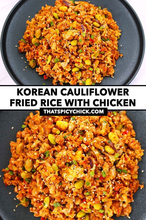 This Korean Cauliflower Fried Rice is quick and easy to make in one wok and full of BIG and BOLD flavors! Ground chicken, cauliflower rice, fragrant aromatics, scrambled eggs and veggies get tossed with spicy-smoky gochujang and other Korean-style seasonings! It’s ready in 30 minutes, high in protein, filling and DELICIOUS! #cauliflowerfriedrice #healthy #highproteinmeals #highprotein #onewokwonder #koreanfood #asianfood #spicy #gochujang #friedrice #mealprep #dinner | That Spicy Chick Korean Cauliflower, Chicken Cauliflower Rice, Eggs And Veggies, Mealprep Dinner, Gochujang Recipe, Coleslaw Salad, Spicy Cauliflower, Barbeque Chicken, Cauliflower Fried