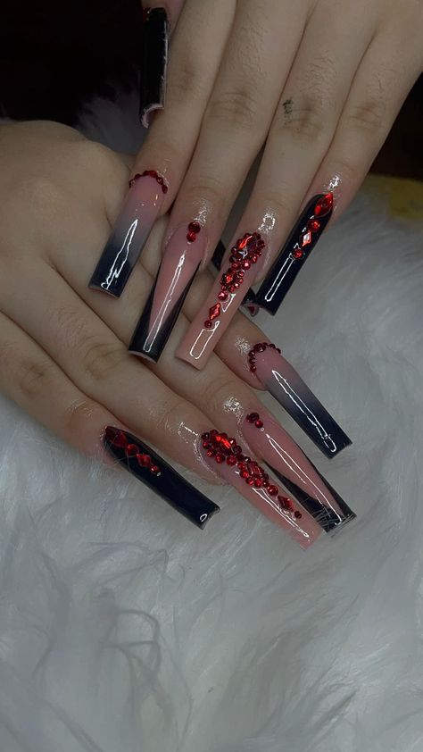 Dark Red Nails With Rhinestones, Long Black And Red Nails, Black And Red Nail Designs Acrylics, Black Nails Red Gems, Black Red Acrylic Nails, Black Nails With Red Rhinestones, Red And Black Acrylics, Red And Black Prom Nails, Black Red Bottom Nails