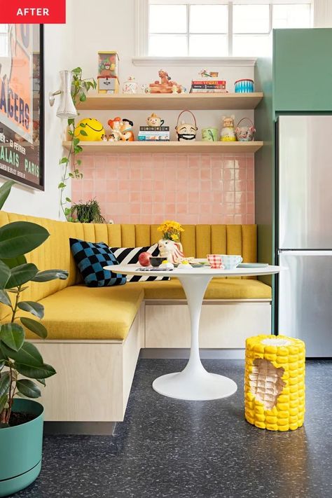 House Inspiration Colorful, Bright Kitchen Tiles, Funky Home Decor Bohemian, Color Pop Kitchen, Colorful Small Kitchen Ideas, Colorful Minimalist Kitchen, Retro Kitchen Tiles, Colorful Retro Kitchen, Pink Kitchen Tile