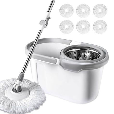 BOOMJOY Spin Mop and Bucket with Wringer Set, Easy Wring Mop for Floor Cleaning with 6 Microfiber Replacement Refills, Spinning Mop Bucket System, Stainless Steel Extended Handle Mop And Bucket, Bucket Design, Mop Bucket, Spin Mop, Microfiber Mops, Hardwood Tile, Mop Pads, Mop Heads, Floor Cleaning