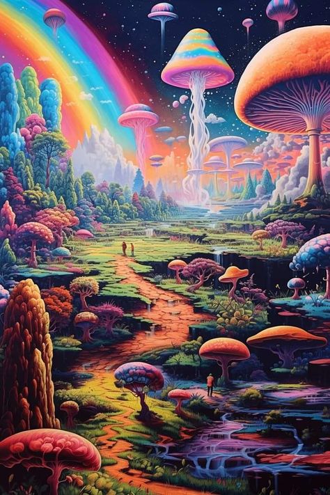 Mythical Places, Trippy Aesthetic, Trippy Mushroom, Trippy Iphone Wallpaper, Mushroom Forest, Psychadelic Art, Art Landscapes, Hippie Wallpaper, Mushroom Art