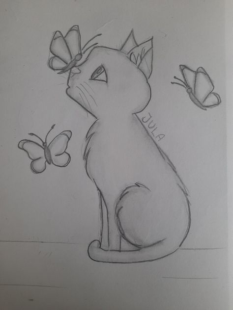 Butterfly Cat Drawing, Cat With Butterfly Drawing, Buterfluffy Drawings, Cat And Butterfly Drawing, Drawing Sketsa, Butterfly Drawing Easy, Super Easy Drawings, Butterfly Drawings, Butterfly Sketch