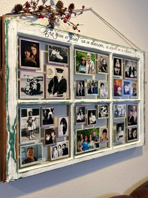 Family Photos Wall, Window Picture Frame, Photos Wall Decor, Family Photos Wall Decor, Window Frame Picture, Family Picture Frame, Window Frame Decor, Photowall Ideas, Old Window Projects