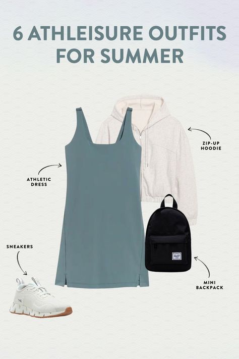 Athleisure Outfits for Summer Athleisure Outfits Vacation, Spring 2024 Athleisure Outfits, Chic Athletic Outfits, Soft Summer Athleisure, Summer Outfit Athletic, Cool Weather Summer Outfits, Walking Outfits Summer, Travel Athleisure Outfits, Hot Rainy Day Outfit Summer Casual