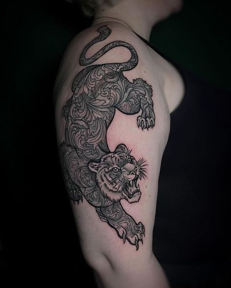 Sick black and grey ornamental tiger made with Killer Ink supplies! Black And Gray Tiger Tattoo, Ornamental Tiger Tattoo, Black And Grey Tiger Tattoo, Tiger Stripe Tattoo, Traditional Tiger Tattoo, Stripe Tattoo, Ornamental Tattoos, Husband Tattoo, Getting A Divorce