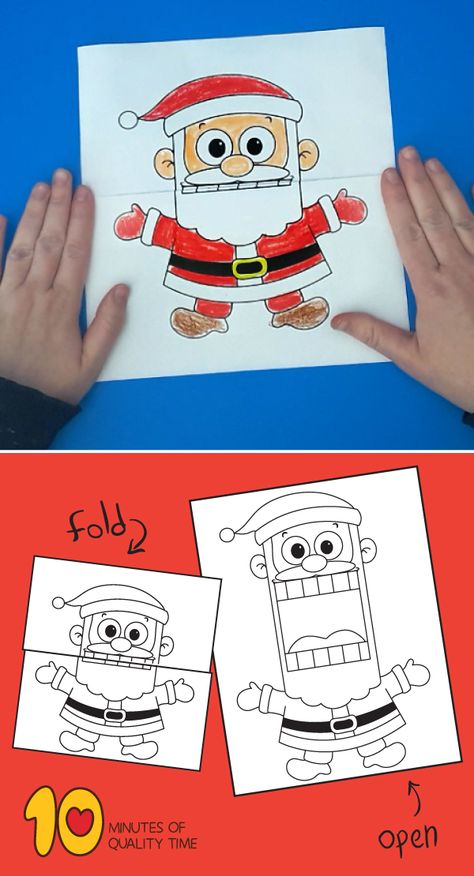 Santa Surprise Expression Printable - Folding Paper Fold Paper Drawing, Christmas Folding Cards, Hiding Behind Tree, Surprise Expression, Folding Surprise, Printable Crown, Printable Mask, Santa Printable, School Age Activities