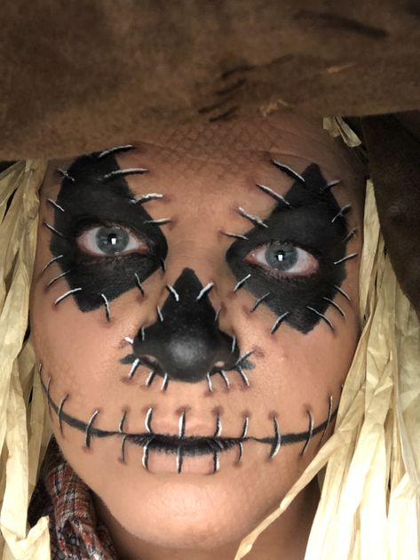 Scarecrow using NYX brand make-up. Scare Crow Makeup For Men, Scarecrow Face Paint Men, Man Scarecrow Makeup, Womens Scarecrow Makeup, Scarecrow Costume Scary, Scarecrow Makeup Ideas, Easy Scarecrow Makeup Last Minute, Men Scarecrow Makeup, Guy Scarecrow Makeup