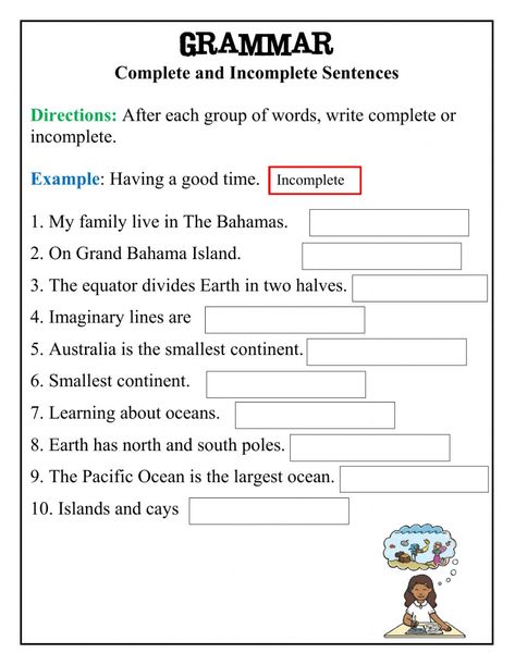 Complete and Incomplete Sentences worksheet Complete And Incomplete Sentences, Sentences Worksheet, Incomplete Sentences, Sentence Activities, English Worksheets For Kids, Complete Sentences, Learn English Vocabulary, Worksheet Template, School Subjects