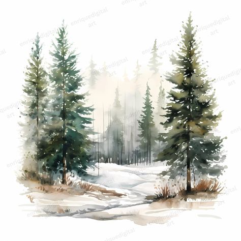 Watercolour Winter Trees, Winter Artwork Inspiration, Winter Tree Illustration, Winter Scene Watercolor, Winter Landscape Watercolor, Pine Tree Watercolor, Watercolor Christmas Cards Diy, Winter Artwork, Winter Watercolor