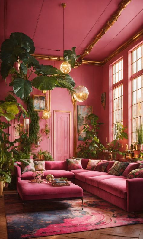 Lexica - Architectural Digest photo of a maximalist black and pink solarpunk living room with lots of flowers and plants, golden light, hyperrealisti... Modern Maximalist Interior Design, Colourful Lounge, Romantic Interior, Colourful Living Room Decor, Aesthetic Living Room, Pink Living Room, Hotel Reception, Interior Wall Decor, Colourful Living Room