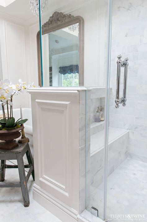 A warm white marble bathroom remodel. Timeless elements combined with vintage touches for a perfectly curated look. Polished Marble Bathroom, Classic White Marble Bathroom, Marble Master Bath Ideas, Traditional Marble Bathroom, Small Main Bathroom, Bathroom Paint Inspiration, Timeless Master Bath, Calcutta Marble Bathroom, Marble Floor Bathroom