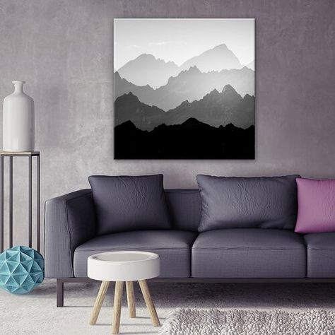 Black And Grey Paintings, Grey Painting Ideas On Canvas, Office Painting, Gray Painted Walls, Neutral Artwork, Black Canvas Art, Minimal Painting, Boho Painting, Mountain Art Print