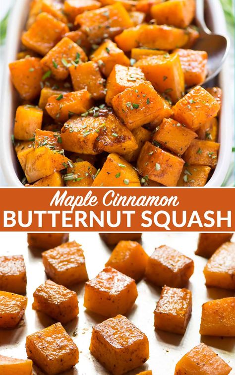 Easy Maple Cinnamon Roasted Butternut Squash. Sweet cubes of butternut squash tossed with maple syrup, cinnamon, and rosemary, roasted in the oven to caramelized perfection. Our family’s favorite Thanksgiving, Christmas, or any time you need a simple and healthy weeknight side. {vegan, gluten free, Paleo, Whole30} #ThanksgivingRecipes #christmas #sidedish #vegan Sweet Roasted Butternut Squash, Butternut Squash Christmas Recipes, Butternut Squash Recipes Roasted Maple Syrup, Butternut Squash Recipes Sweet, Sweet Butternut Squash Recipes, Easy Roasted Butternut Squash, Christmas Butternut Squash, Roasted Butternut Squash With Maple Syrup, Cubed Butternut Squash Recipes