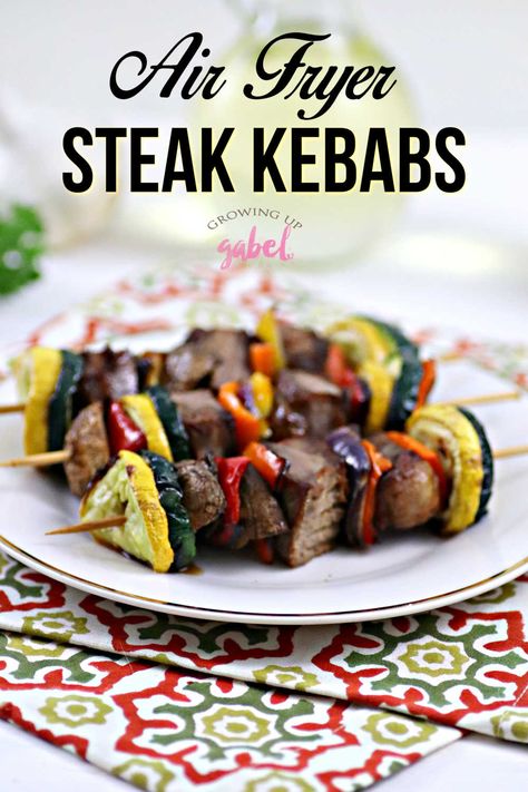 Air Fryer Steak and Vegetable Kebabs Beef Kebabs In The Air Fryer, Air Fryer Steak Kebab Recipes, Shish Kabobs In Air Fryer, Kebab In Airfryer, Air Fryer Beef Skewers, Steak Skewers Air Fryer, Steak And Veggies In Air Fryer, Shish Kebabs In The Air Fryer, Air Fryer Steak And Veggies