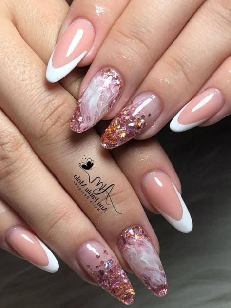 Glitter French Nails, Glitter French Manicure, Marble Nail Designs, Pink Glitter Nails, Romantic Nails, Gold Glitter Nails, Minimalist Nail Art, Rose Gold Nails, Simple Nail Art Designs