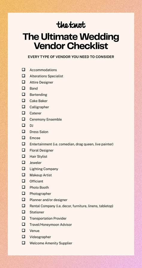 We're diving into all the categories of vendors needed for wedding planning so you can craft a list of wedding vendors for your specific needs and priorities. Consider this your ultimate wedding vendor list template. Then head over to The Knot Vendor Marketplace to find and book your wedding team. List Of Wedding Vendors, When To Book Wedding Vendors, Wedding Priorities List, List Of Signs Needed For Wedding, Wedding Decor List, Vendor List Template, Vendor Checklist, Wedding Vendor List, Complete Wedding Planning Checklist