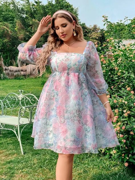 Plus Floral Print Square Neck Flounce Sleeve Organza Dress | SHEIN USA Ruched Mesh Dress, Denim Skirt Outfits, Fancy Dresses Long, Organza Dress, Flounce Sleeve, Dress Plus Size, Mesh Dress, Fancy Dresses, Skirt Outfits