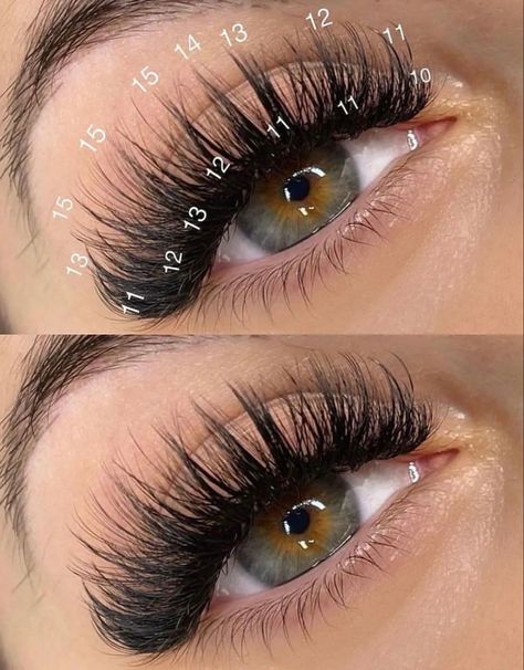 Open Eye Wispy Lash Extensions Mapping, Spike Eyelash Extensions Mapping, Spike Lashes Extensions, Lash Maps Volume, Wispy Mapping Eyelash Extensions, Eyelash Extensions Inspo Pics, Full Volume Wispy Eyelash Extensions, Las Extension Styles, Hybrid Wispy Eyelash Extensions Doll Eye