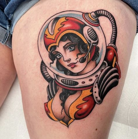 Space Lady Tattoo, Neotraditional Space Tattoo, Alien Traditional Tattoo, Traditional Astronaut Tattoo, Pin Up Traditional Tattoo, Space Girl Tattoo, Traditional Pin Up Tattoo, American Traditional Lady, Traditional Clown Tattoo