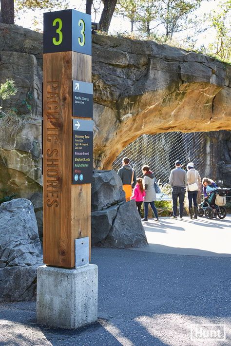 Northwest contemporary signage and graphics for the Oregon Zoo. Graphic wayfinding totems.  Signage by Hunt Design Sally Painter Photography Totem Signage, Northwest Contemporary, Zoo Signage, Signage And Wayfinding, Interpretive Signage, Painter Photography, Park Signage, Wayfinding Signage Design, Wayfinding Signs