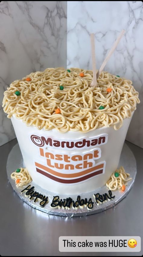 Instan Cuo if Noodles "Ramen Noodles (Maruchan) inspired birthday cake (_cakesbykaren-Instagram) Ramen Noodle Cupcakes, Ramen Cake Design, Ramen Birthday Cake, Ramen Themed Birthday, Maruchan Party Ideas, Ramen Noodle Birthday Party, Maruchan Bar For Party, Ramen Birthday Party, Maruchan Bar