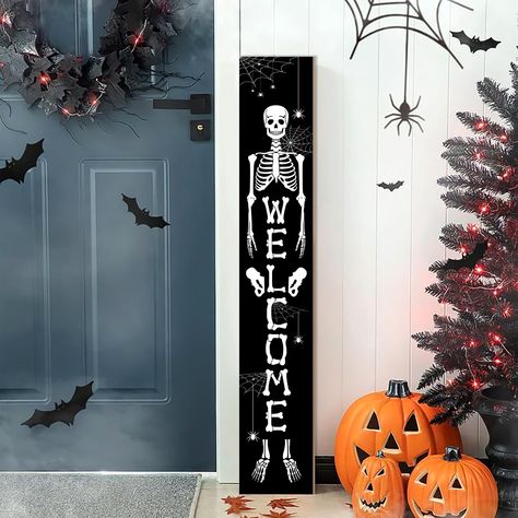 PRICES MAY VARY. UNIQUE HALLOWEEN FLAIR: Adorn your exterior with the Skull Welcome porch sign, Our Halloween Skull porch sign creates a spooky and amusing atmosphere for children. Perfect for decorating your home and yard, it also makes an excellent gift for family and friends who love Halloween. Premium Material: This Halloween porch sign is made of high-quality wood board, a Halloween welcome sign, fine workmanship, non-toxic, not easy to fade or break for indoor or outdoor use, or can be hun Porch Halloween Decorations, Signs For Halloween, Autumn Signs, Halloween Welcome Sign, Halloween Porch Sign, Halloween Front Doors, Porch Decorations, Door Porch, Porch Welcome Sign