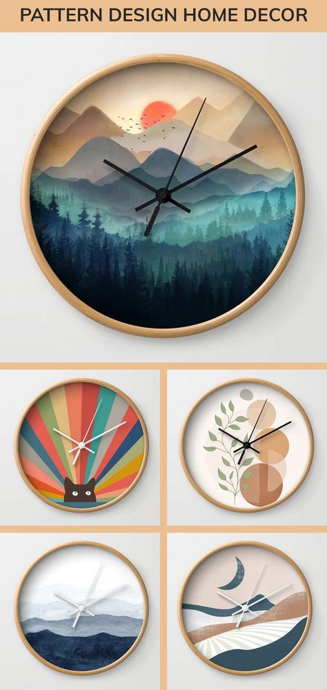 Get these wall clock with wooden frame that will not only keep you on time but also uplift your wall decor. wooden frame wall clock with frame available in natural wood, black or white. Clocks available in all styles. There is one for you. wall clock modern, geometric, floral, abstract, boho, etc designs. 
wall clock modern, mid century modern wall clock living rooms, wall clock bedroom, wall clock bedroom decor, wall clock kitchen, Society6 wall clock, wall clock office, wall clock office decor Diy Wall Clock Ideas Paint, Painted Clock Diy, Acrylic Clock Design, Painting Clock Ideas, Unique Clock Design, Wooden Clock Ideas Unique, Painted Clock Face, Diy Clock Painting Ideas, Wall Clock Painting Ideas