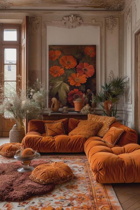 70s Entertainment Center, 1970s Contemporary House, 70s Living Room, Orange Couch, Tangerine Dream, Gorgeous Homes, 70s Decor, Design Del Prodotto, Dream House Interior