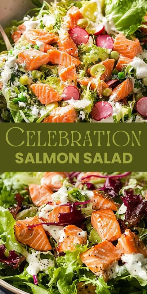 This Celebration Salmon Salad is a fresh, vibrant, and healthy dish that’s perfect for any gathering! 🐟🥗 Packed with tender salmon, crisp veggies, and a light, flavorful dressing, this salad is as nutritious as it is delicious. Great for parties, picnics, or a light meal!

📌 Pin this recipe to make a fresh and flavorful salmon salad for your next celebration!
#SalmonSalad #HealthyEats #PartyFood #LightMeals #EasySalads #FreshAndVibrant Salmon Salad Recipes Healthy, Smoked Salmon Salad Recipes, Salmon Caesar Salad, Salad Recipes Healthy, Inflammation Diet Recipes, Recipes Healthy Easy, Smoked Salmon Salad, Salmon Salad Recipes, Salad Recipes Healthy Easy