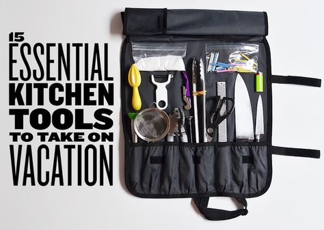 15 Essential Kitchen Tools To Take On Vacation Travel Kitchen Essentials, Travel Kitchen Kit, Hotel Cooking, Camp Kitchen Chuck Box, Vacation Hacks, Travel Kitchen, Camping Gear Checklist, Flight Tips, Hotel Hacks