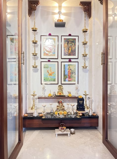 Mandir In Apartment, Indian Pooja Room Ideas, Pooja Unit Designs Modern, Gopuram Designs, Pooja Room Ideas Indian Traditional, Indian Pooja Room, Puja Room Design Indian, Pooja Room Ideas Indian Modern, Scandi Minimalist Home