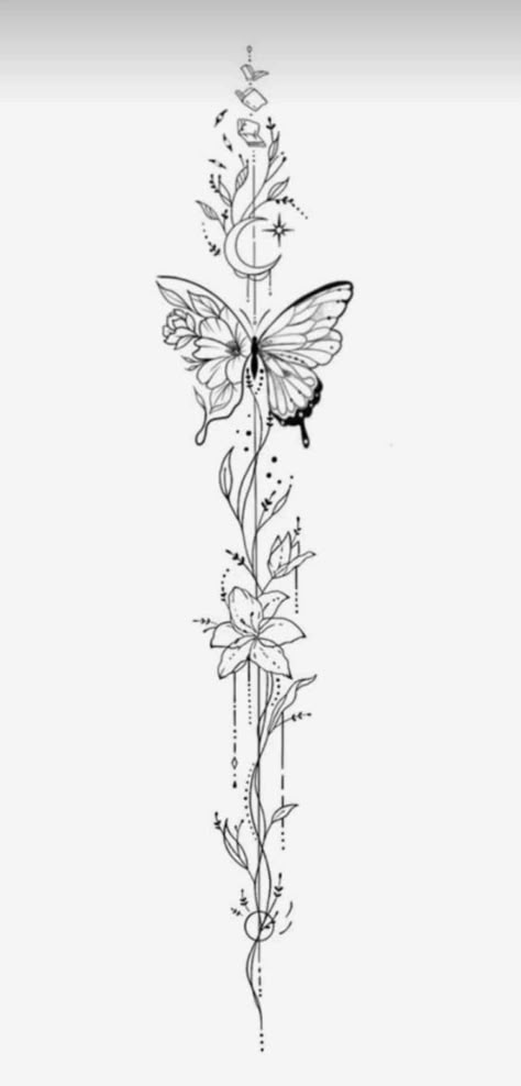 Butterfly And Flower Tattoo Back, Floral Butterfly Spine Tattoo, Space Themed Spine Tattoo, Spine Tattoos Template, Body Placement For Tattoos, Tattoo For Back Women, Fine Line Big Tattoo, Feminine Calf Tattoos For Women, Tattoo Designs Simple Unique