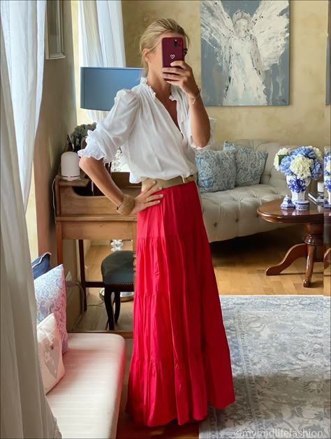 WIW - A Splash Of Red | My Midlife Fashion Red Maxi Skirt Outfit, Long Skirt Outfits Korean, Skirt Outfits For Winter, Skirt Casual Outfit, Aesthetic Skirts, Outfit Ideas Skirt, Red Skirt Outfits, Red Long Skirt, Midlife Fashion