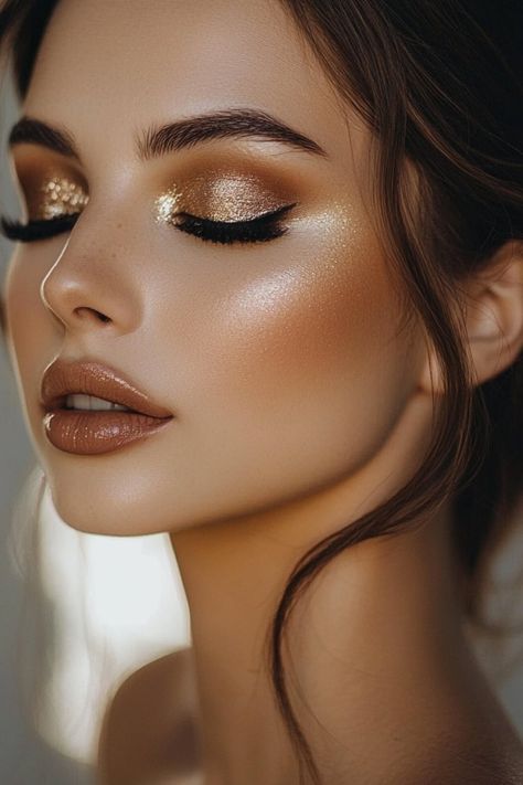 Gorgeous Bridal Makeup Ideas for a Flawless Wedding Look – Tips Inside - Yeah Weddings Gold Wedding Makeup, Gorgeous Bridal Makeup, Golden Eye Makeup, Makeup Suggestions, Golden Makeup, Stunning Eye Makeup, Perfect Lip Color, Bridal Makeup Ideas, Gold Makeup Looks