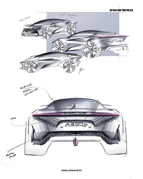 @alpinecars A390_β official design sketches. - “A390_β previews the future Alpine sport fastback, which we have designed like an A110 with 5 seats. The duality between the racing spirit and the refinement of this show car embodies the performance and driving experience that we will deliver from 2025 onwards in our production vehicle, produced in France at the historic Dieppe Manufacture. More than the promise of a 100% Alpine experience, it’s a genuine commitment.”- Philippe Krief, CEO Alpine... Automotive Sketching, Car Render, Exterior Sketch, Auto Design, Car Sketch, Transportation Design, Car Styling, The Promise, Automotive Design