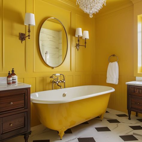 Yellow tub with ornate legs, serving as a luxurious centerpiece in the washing room Yellow Powder Room, Yellow Bathtub, Typical American House, Art Deco Flooring, Vintage Yellow Bathroom, Bathroom Yellow, Washing Room, Art Deco Ideas, Art Deco Elements