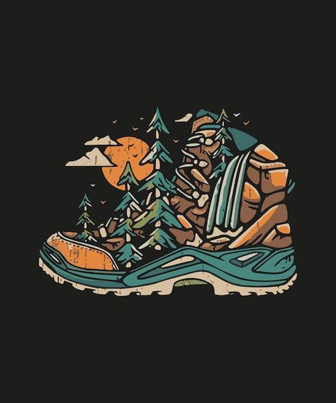 Vector illustration of camping boot made... | Premium Vector #Freepik #vector #mountain #mountain-hiking #hiker-silhouette #hiking-boots Hiking Images Adventure, Trail Running Illustration, Hiking Boots Illustration, Hiking Boot Tattoo, Hiking Graphic Design, Hiking Boots Aesthetic, Outdoors Illustration, Hike Illustration, Hiking Clipart