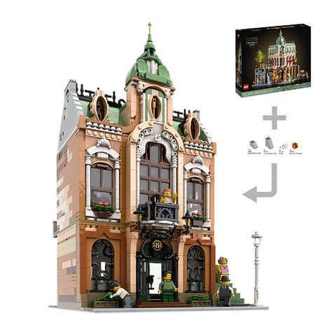 Lego Boutique Hotel, Lego Boutique Hotel Moc, Lego Alternate Builds, Lego Town Ideas, Lego Tricks, Lego Hotel, Lego House Ideas, Lego Houses, Lego Designs