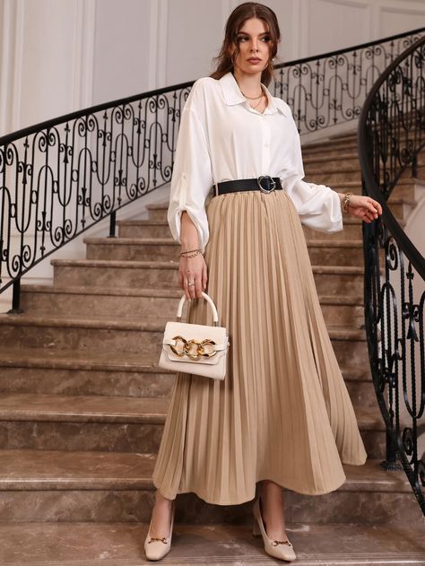 High Waist Belted Pleated Skirt | SHEIN USA Pleated Skirt Outfit Formal, Maxi Pleated Skirt Outfit, Plated Skirt Outfit, Pleated Maxi Skirt Outfit, Plated Skirt, Accordion Skirt, Pleated Skirt Outfit, Frock Dress, Maxi Skirt Outfits