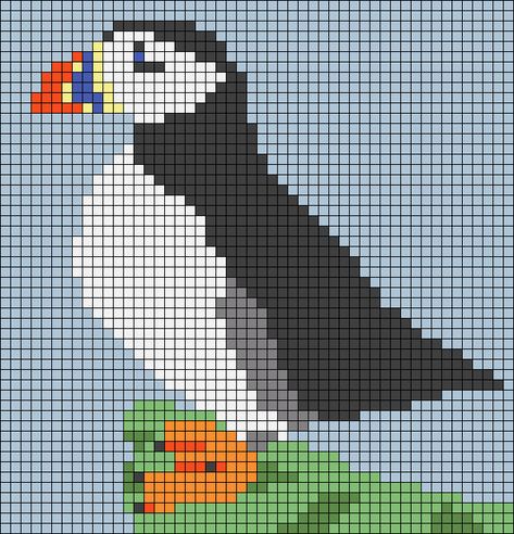 Bird Grid Pattern, Puffin Pattern Knitting, Puffin Cross Stitch Pattern Free, Puffin Knitting Graph, Puffin Pattern, Puffin Cross Stitch Pattern, Bird Knitting Chart, Orca Alpha Pattern, Puffin Cross Stitch