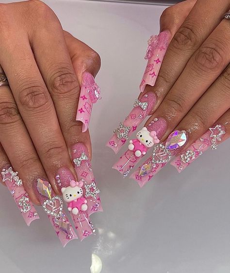 Hello Kitty Nail, Kitty Nail, Junk Nails, Acrylic Toe Nails, Tapered Square, Kitty Stuff, Girly Acrylic Nails, Hello Kitty Nails, Cute Acrylic Nail Designs