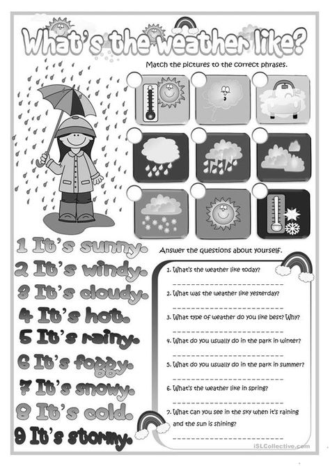 What's the weather like? - English ESL Worksheets for distance learning and physical classrooms Weather Elementary, Weather Like Today, Weather Worksheets, Weather Vocabulary, Road Trip Activities, Have A Nice Weekend, Teachers Aide, A Worksheet, Weather Activities