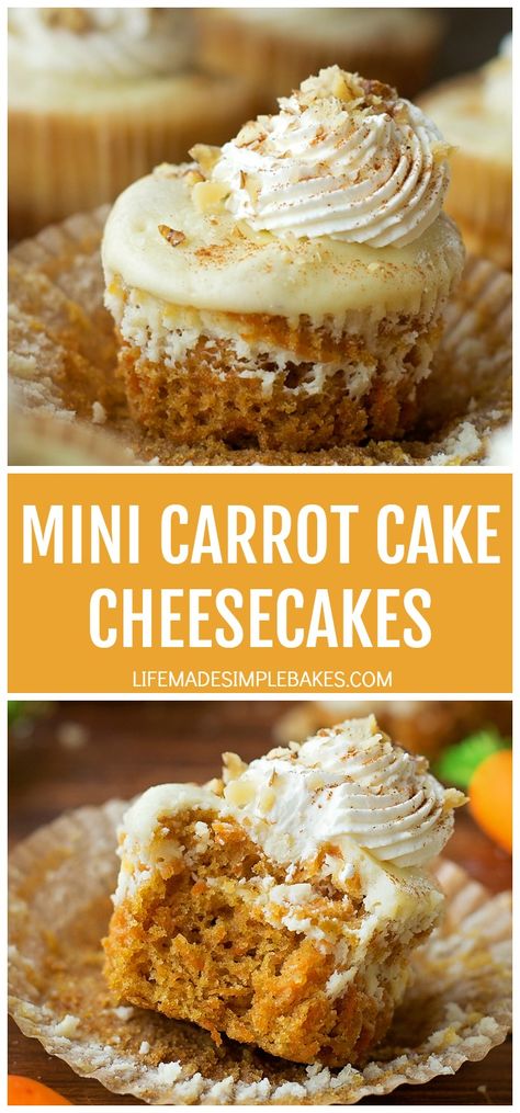 Tender, spiced carrot cake swirled with rich vanilla cheesecake. These mini carrot cake cheesecakes are the best of both worlds! #minicarrotcakecheesecakes #cheesecakes #carrotcake #minidesserts #dessert Carrot Cheesecake, Spiced Carrot Cake, Mini Carrot Cake, Carrot Spice Cake, Spiced Carrots, Mini Carrots, Carrot Cake Cheesecake, Cake Cheesecake, Vanilla Cheesecake