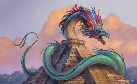 Quetzalcoatl Art, Feathered Serpent, Maya Art, Aztec Art, Paintings And Drawings, Dragon Pictures, Fantasy Creatures Art, Mythical Creatures Art, Creature Concept Art