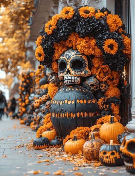 Day Of Dead Party, Day Of The Dead Halloween Decor, Dia De Los Muertos Decorations Ideas Altars, Dia De Los Muertos Altar Ideas Diy, Day Of The Dead Skeleton, Day Of The Dead Pumpkin, Pumpkin And Skull Arch, Day Of The Dead Backdrop, Day Of The Dead Aesthetic