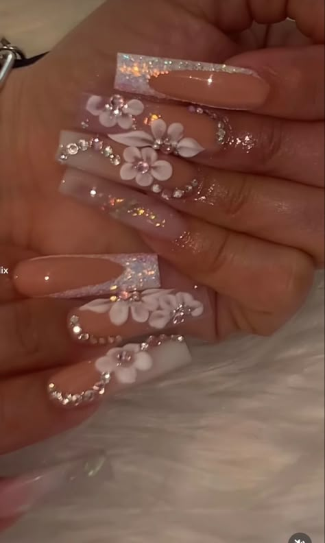 Nails Acrylic Coffin 3d Flowers, Long Acrylic Nails With 3d Flowers, Flower Nails Quince, Nail Ideas Quinceanera, Cute Nails For Quinceanera, Nail Ideas Acrylic With Gems, Md Nails Ideas, Nail Inspo For Hoco, Medium Nails With Rhinestones