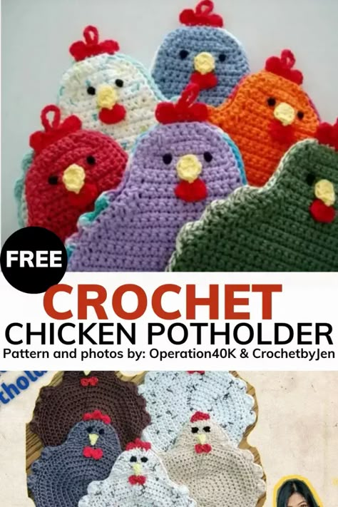 Get ready to add some adorable charm to your kitchen with this delightful crochet chicken potholder! Made with a soft and durable yarn, this potholder is designed to withstand even the hottest dishes, keeping your hands and surfaces safe from burns and stains. The intricately crafted chicken design features bright, cheerful colors and realistic textured details, including feathers, beak, comb, and tail. Chicken Crochet Potholder, Chicken Potholder, Crochet Pot Holders Free Pattern, Crochet Potholder Patterns, Turkey Pot, Crochet Pot, Crochet Hot Pads, Chicken Pattern, Chicken Hen